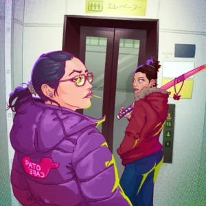 Two thug girls oin Tokyo subway, anime stryle