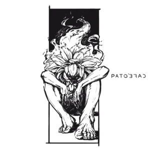 Flower head man on fire. Black and white drawing