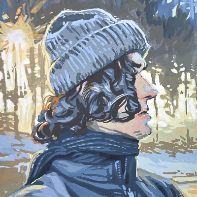 Goauache portrait guy on forest with snow